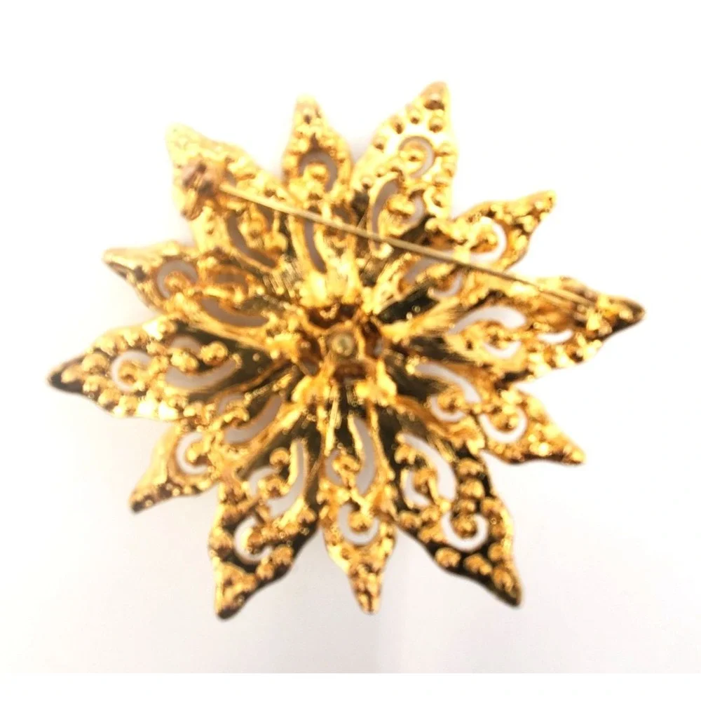Vintage Sunburst Starburst Rhinestone Brooch AB Crystal Gold Tone 2.25